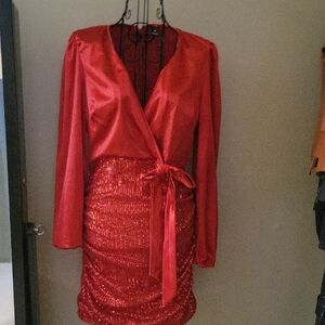 SHEIN Vibrant Red Cocktail Dress Sequin bottom Long Sleeve Sz MD $13